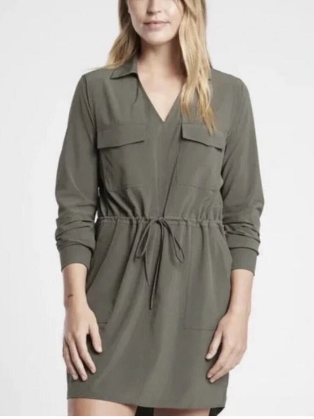 Athleta Zuma Long Sleeve Shirtdress Olive Adjustable Drawstring UPF Size XL NWT